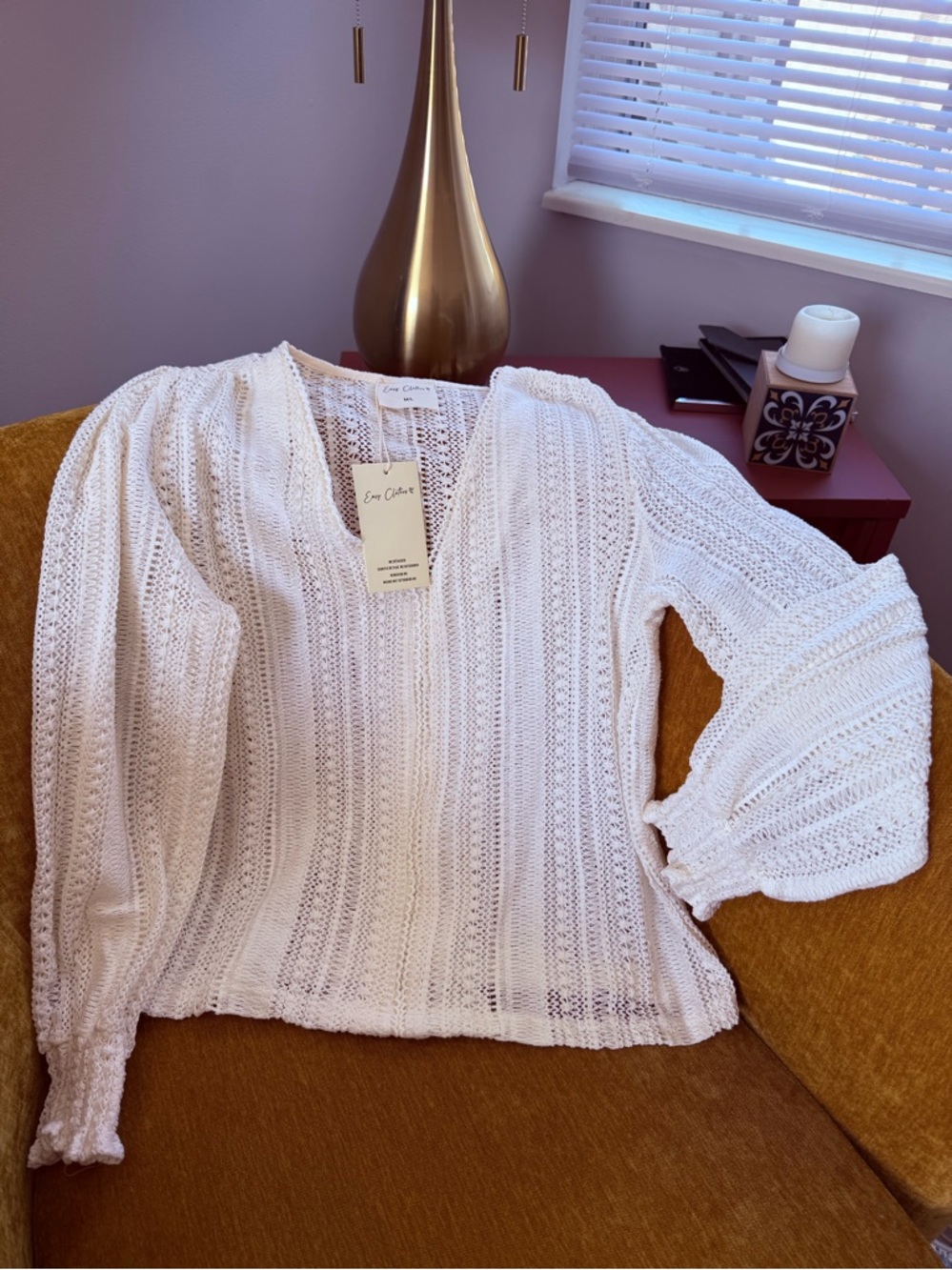NWT  SZ M/L Easy Clothes cream lightweight crochet knit v neck. Boho chic